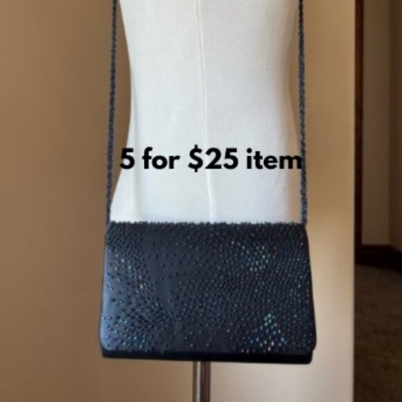 Navy blue satin and beaded clutch - Picture 1 of 9